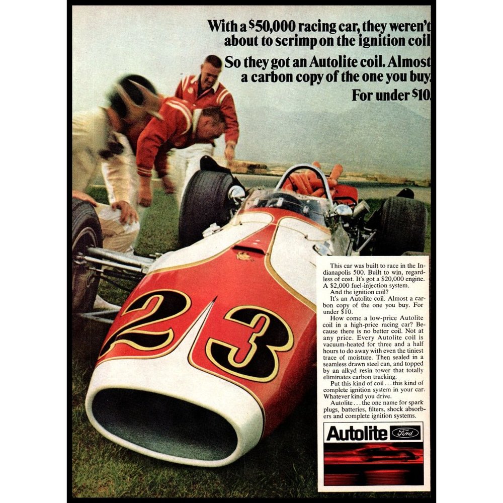 1968 Ford Autolite Car Parts Indy Race Car Vintage Print Ad Racing Wall Art